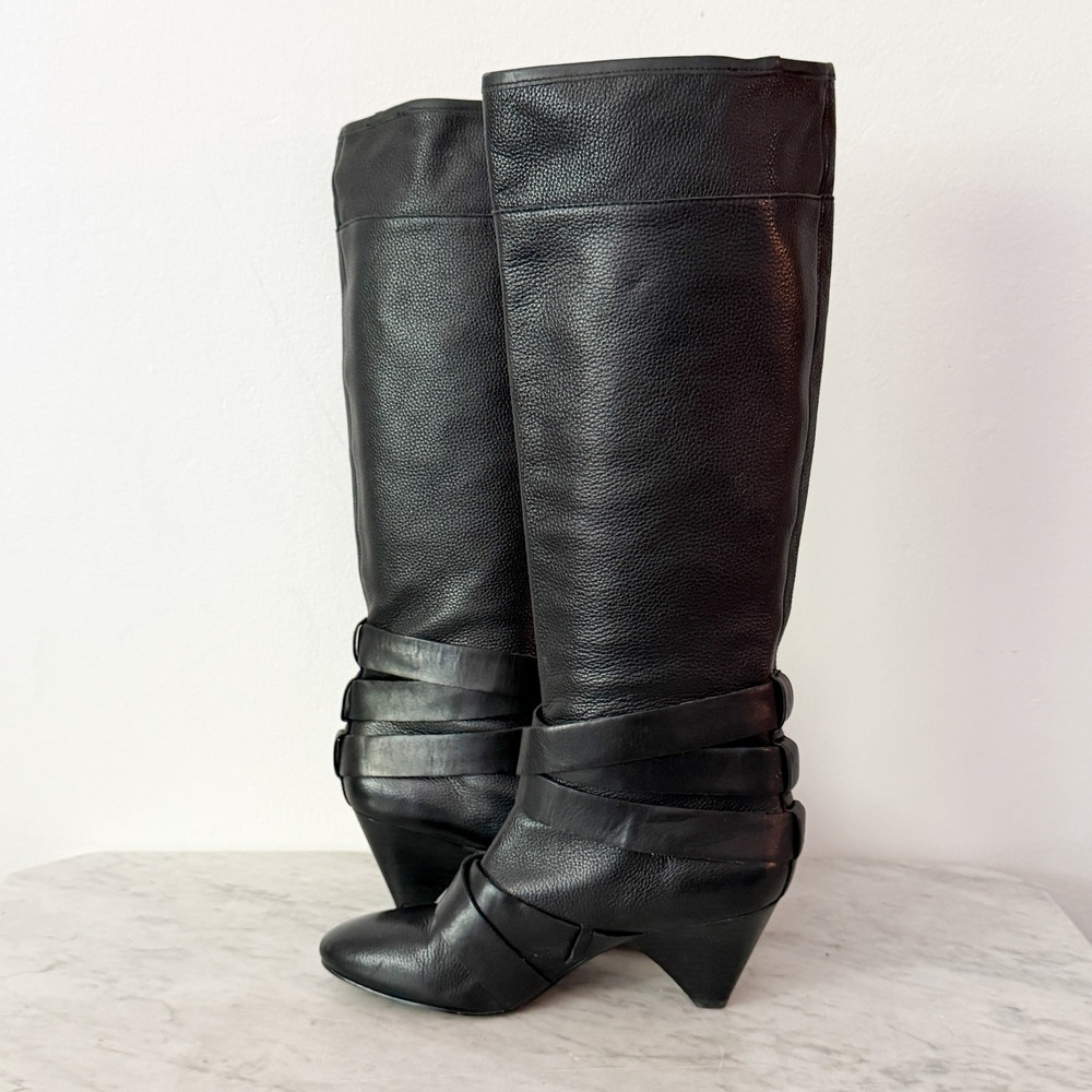 Cynthia Rowley Lainey Tall Buckle Boots 37 Black Pebbled Leather Cone Heel - Picture 5 of 9